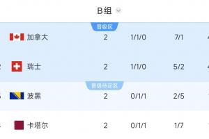 出线形势大好！B组积分榜：加拿大、瑞士4分，波黑、卡塔尔1分